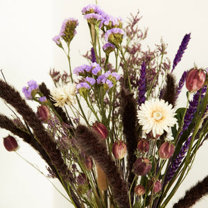 Wonderful purple bouquet of dried flowers . Sustainably grown and dried 