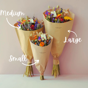 Three sizes available in our orange dried wildflower bouquets. 